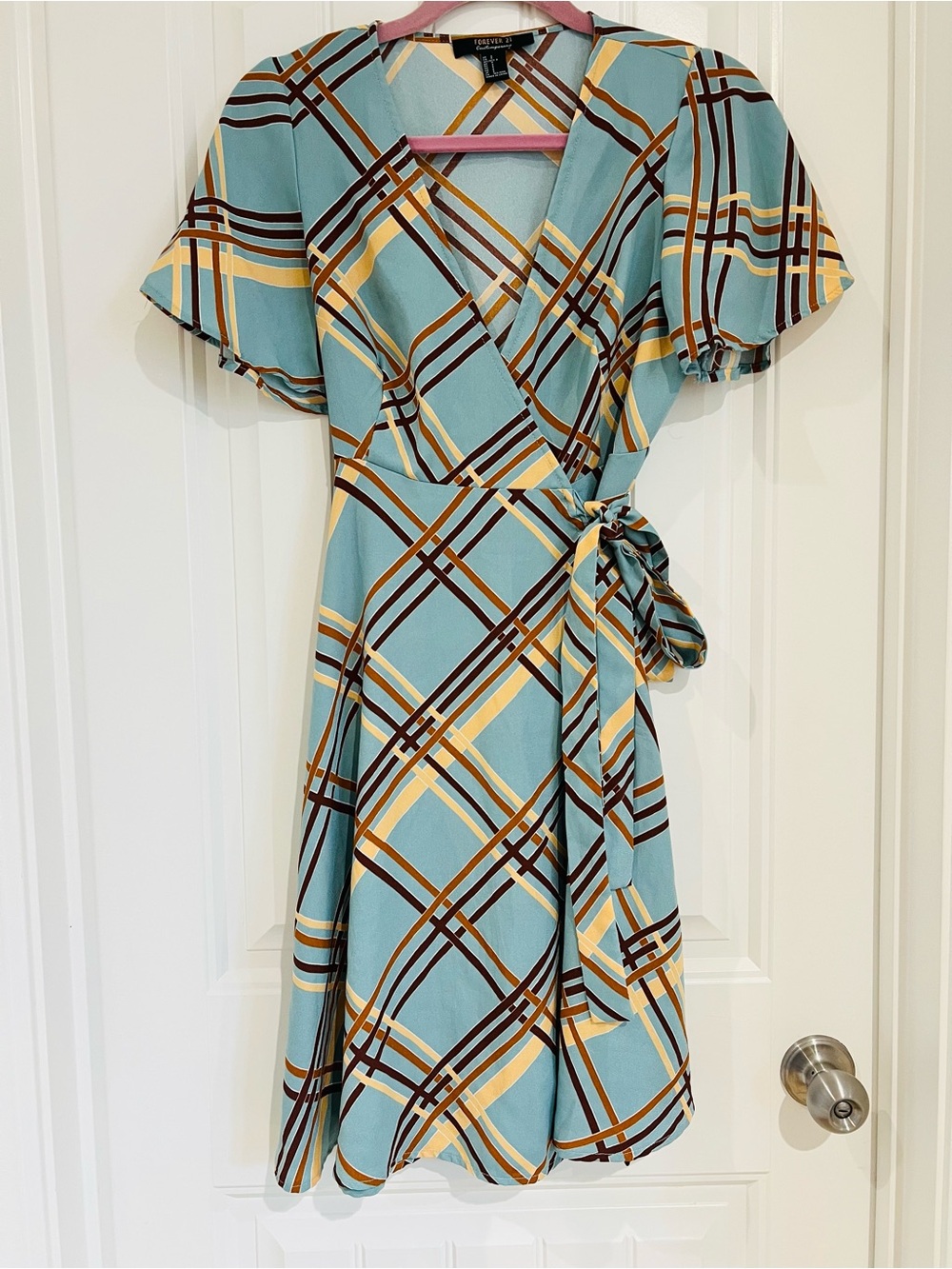 Wrap Dress in Light Teal Plaid with Tie Waist